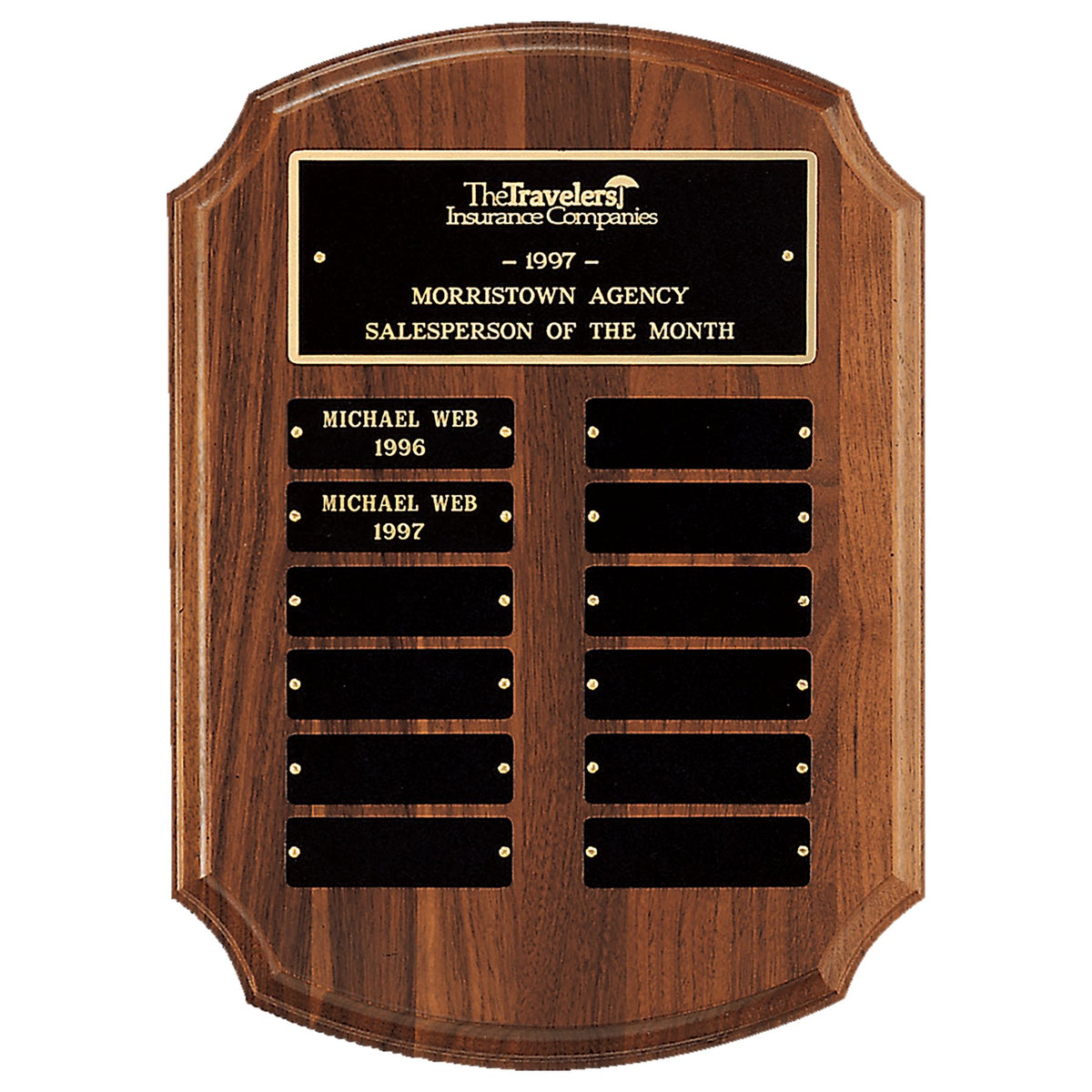 Engraved American Walnut Perpetual Plaque with Brass Plates - Black Brass / 11 x 15 in (12 plates, 1 x 3 1/4 in)
