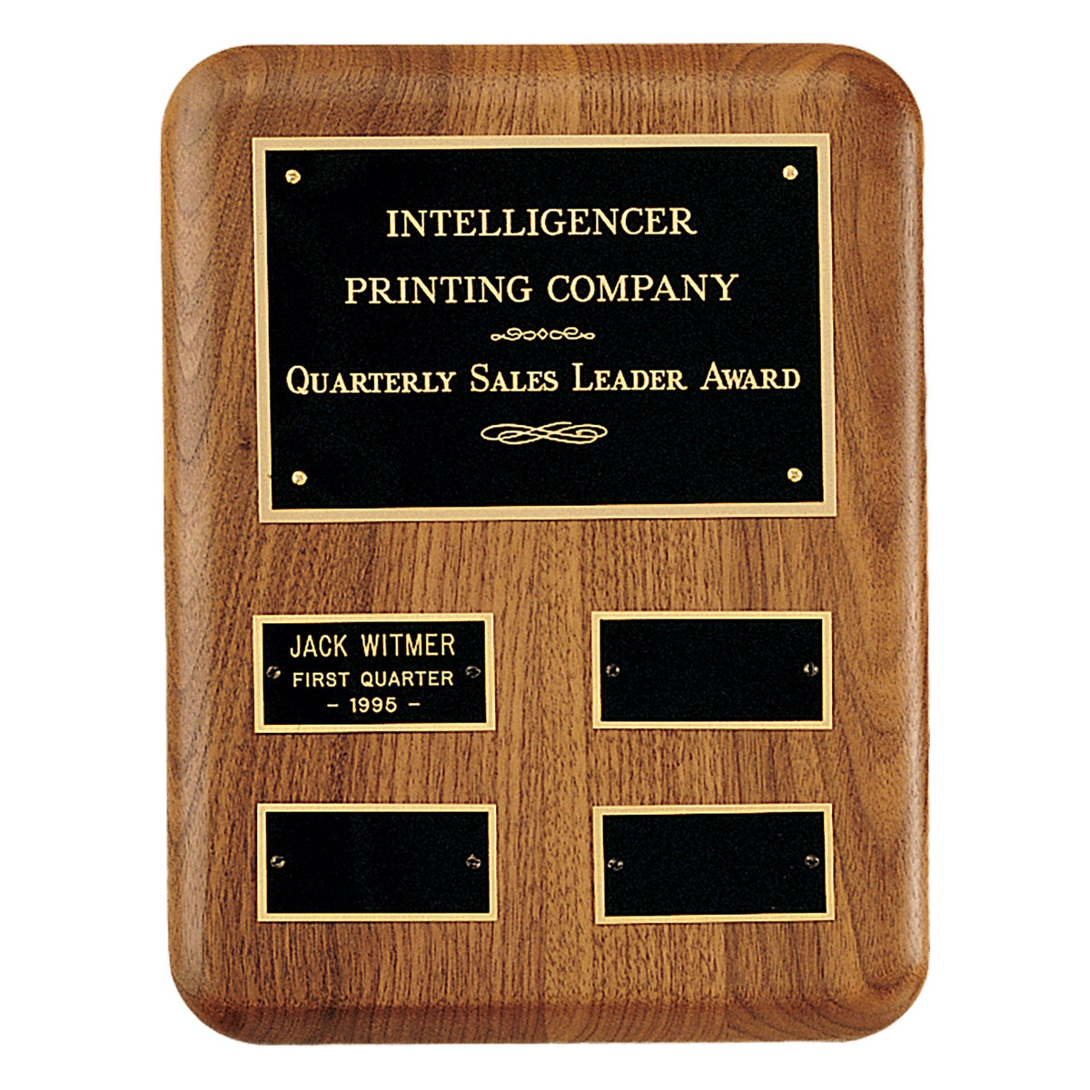 Engraved American Walnut AirFlyte Edge Quarterly Award Perpetual Plaque with Black Brass Plates