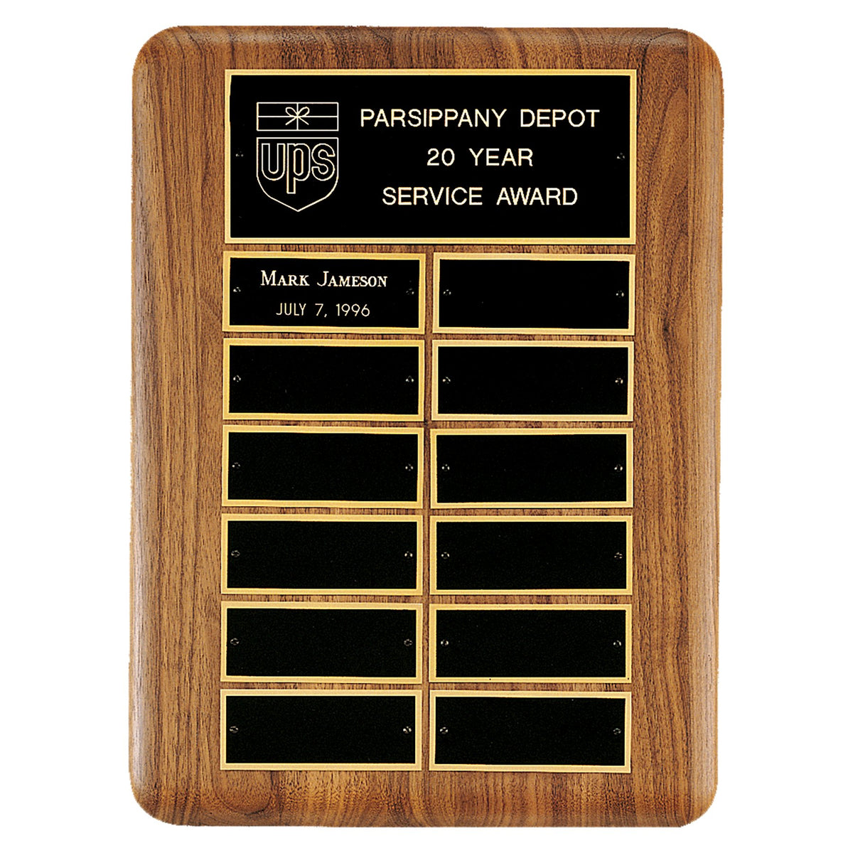Engraved American Walnut Perpetual Plaque with Black Brass Header Plate - 11 x 15 in / 12 (1 1/2 x 3 3/4 in plates)