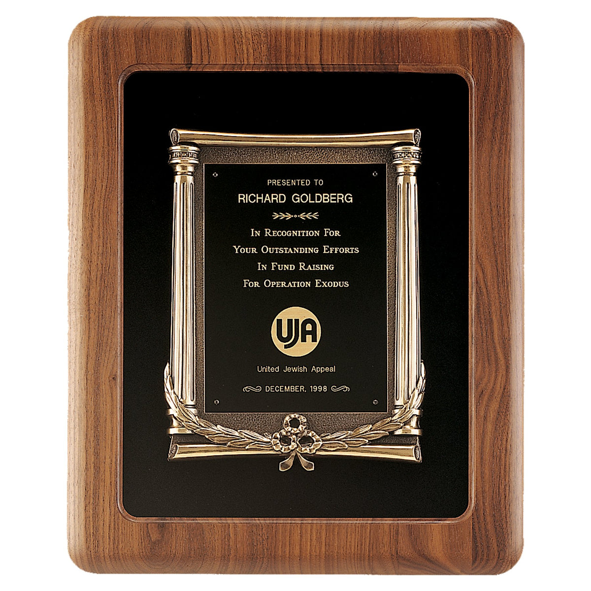 Engraved American Walnut Frame with Black Back and Antique Bronze Cast Frame and Black Brass Plate