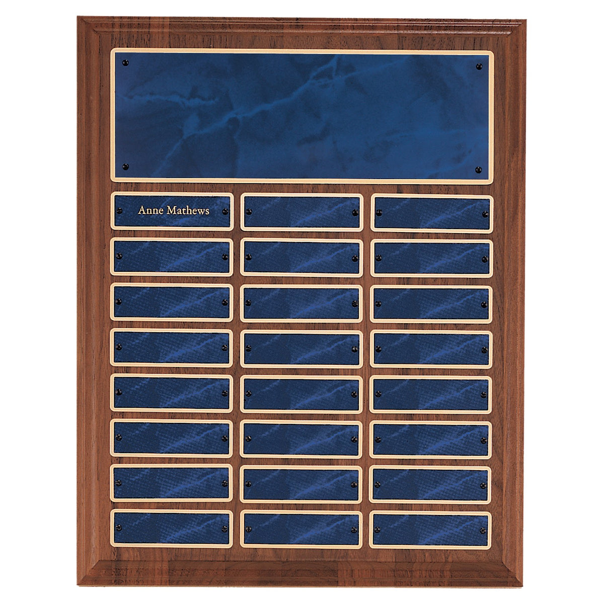 Engraved American Walnut Perpetual Plaque with Sapphire Marble Brass Plates - 12 x 15 in (24 plates, 1 x 3 1/4 in)