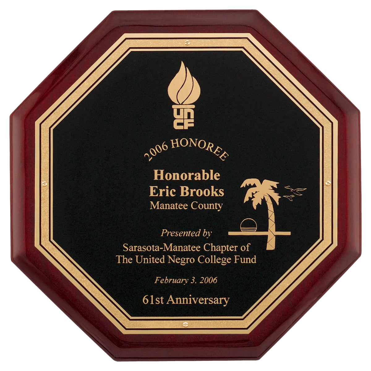 Engraved Octagonal Rosewood Piano Finish Plaque with Black Florentine LaserFX Plate