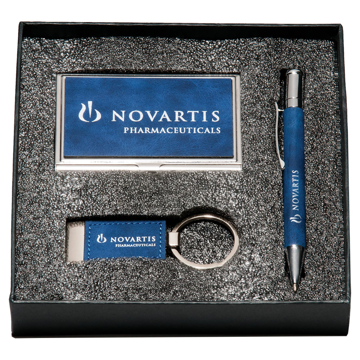 Engraved Blue Marbleized Leatherette Gift Set with Pen, Keychain and Business Card Holder