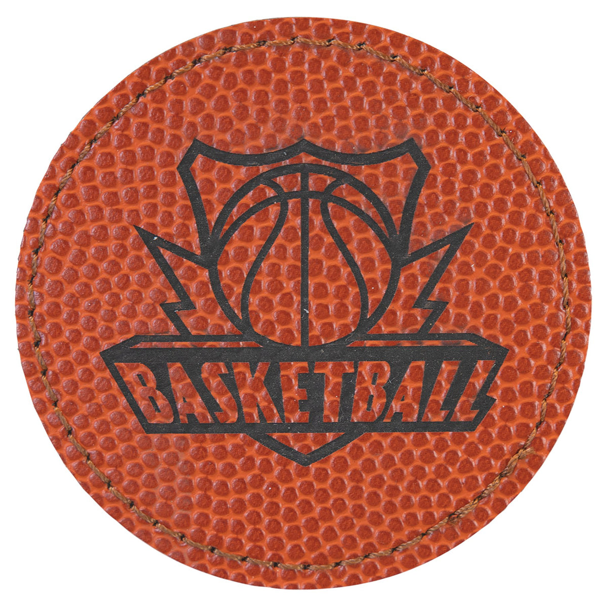 Engraved Basketball Round Leatherette Patch with Adhesive - 2 1/2 in dia.