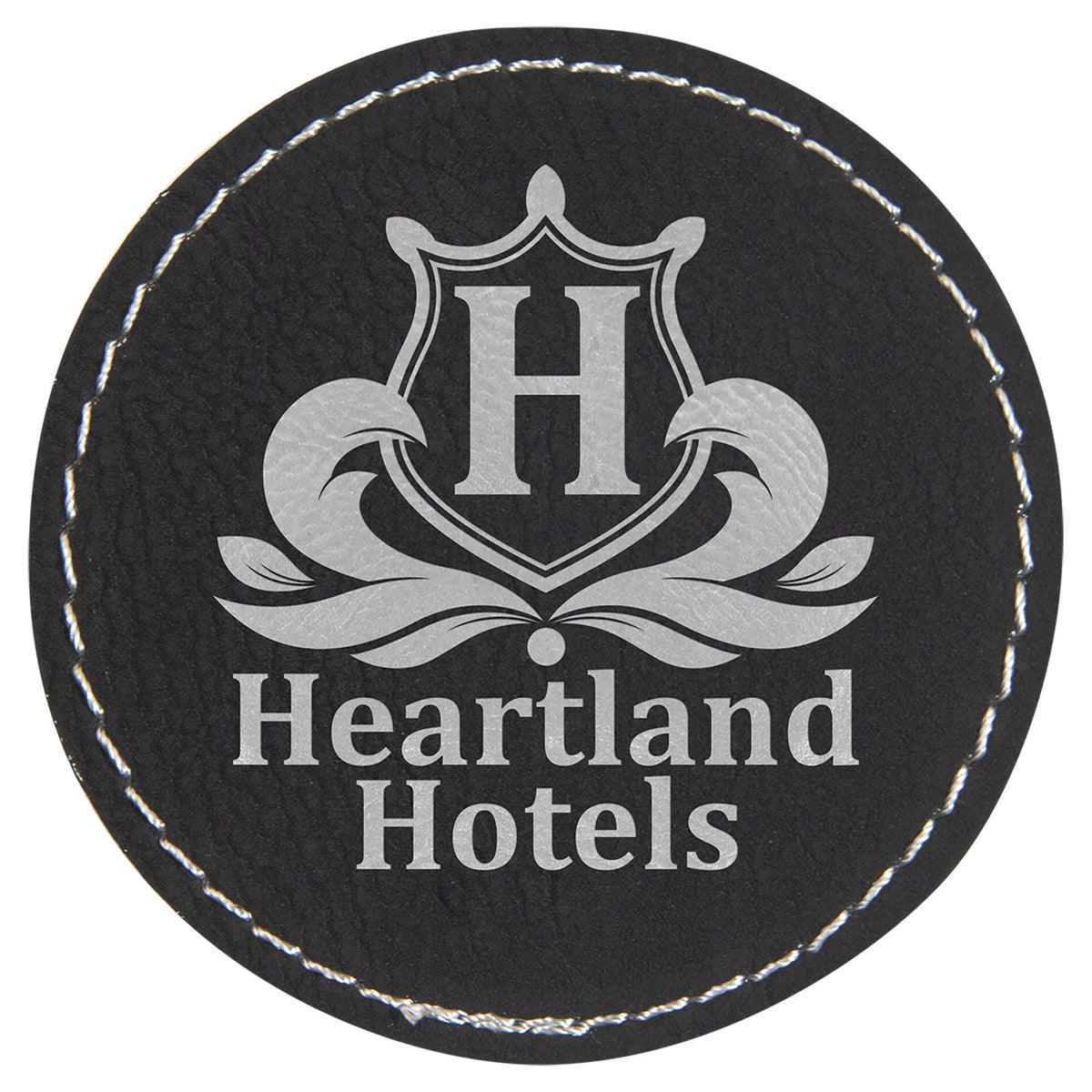 Engraved Round Leatherette Patch with Kota Pro Adhesive - Black/Silver / 2 1/2 in dia.