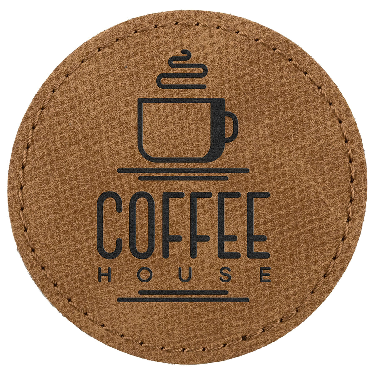 Engraved Creekside Round Leatherette Patch with Kota Pro Adhesive - Medium Brown / 2 1/2 in dia.