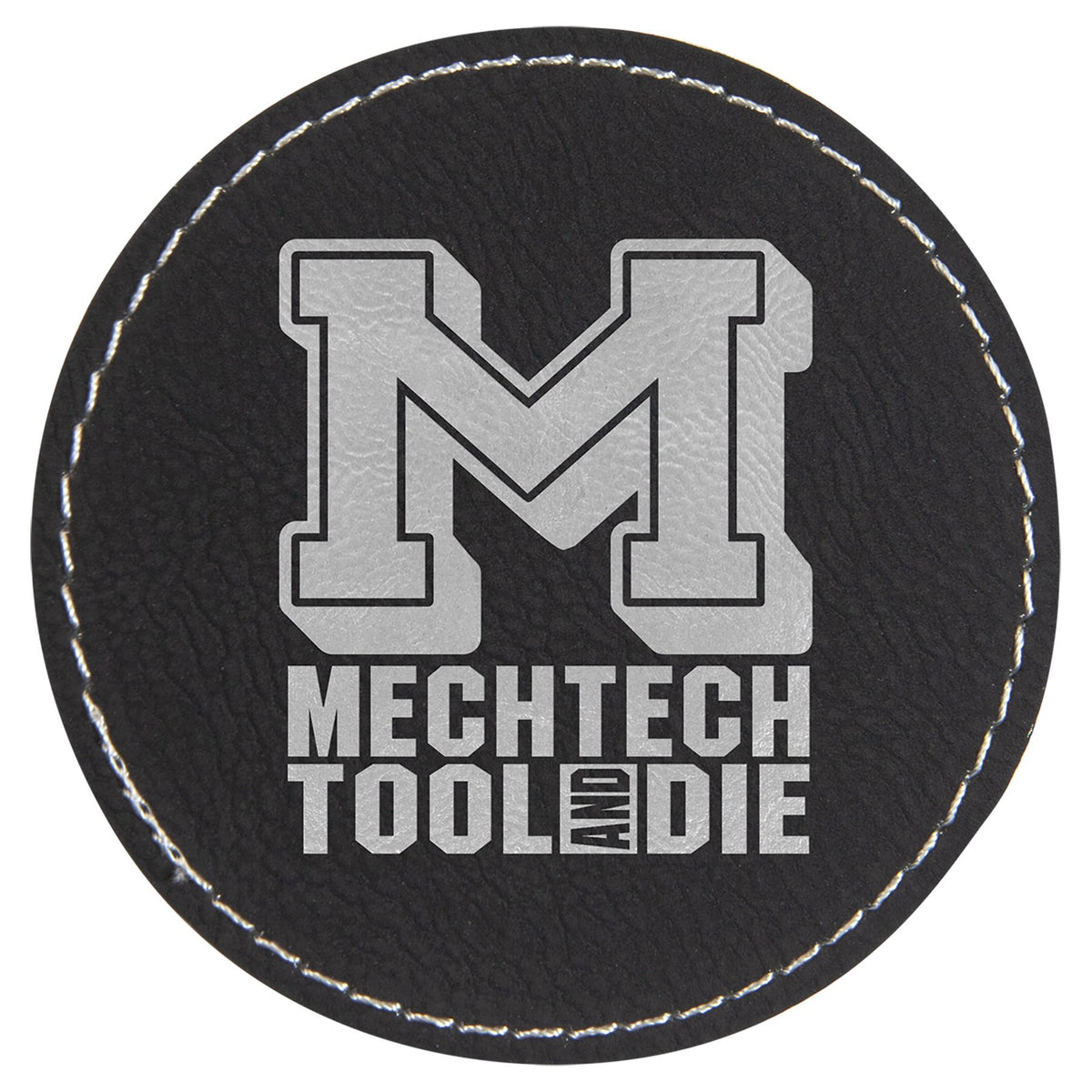 Engraved Round Leatherette Patch with Adhesive - Black/Silver / 3 in dia.