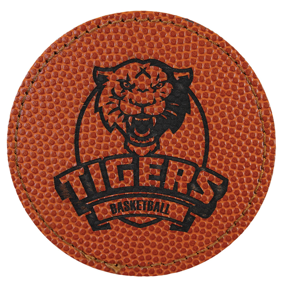 Engraved Basketball Round Leatherette Patch with Adhesive - 3 in dia.