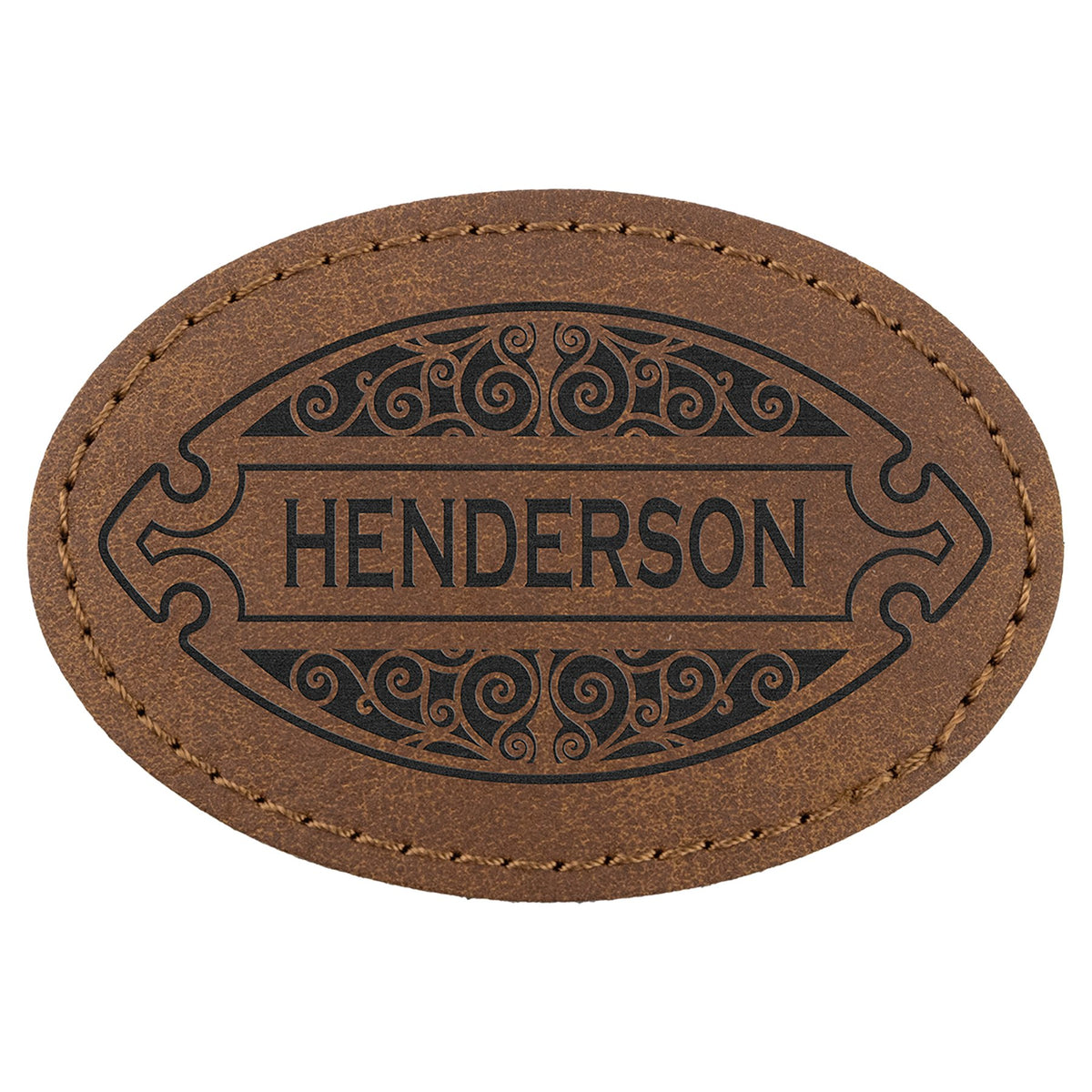 Engraved Creekside Oval Leatherette Patch with Kota Pro Adhesive - Dark Brown / 3 x 2 in