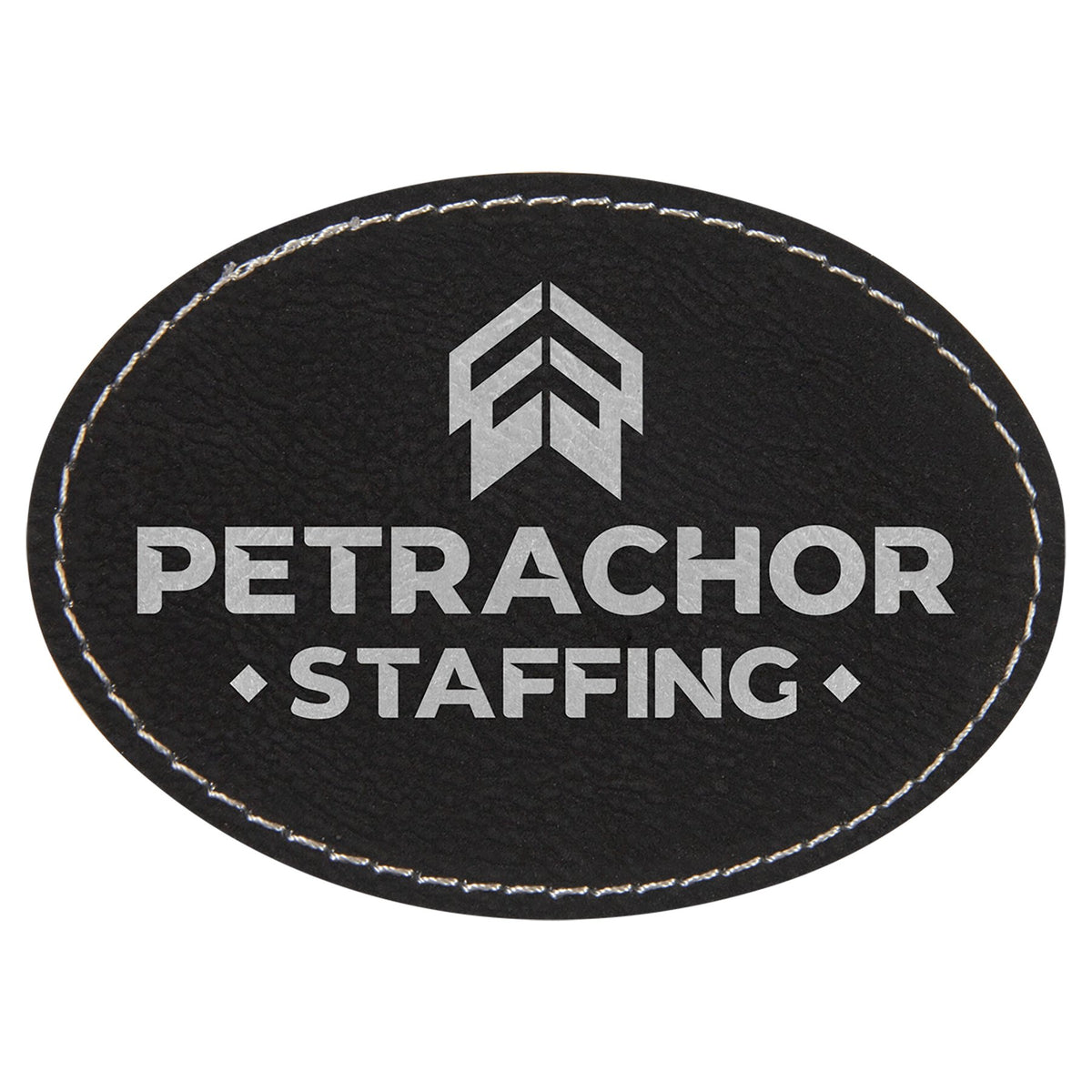 Engraved Oval Leatherette Patch with Kota Pro Adhesive - Black/Silver / 3 1/2 x 2 1/2 in
