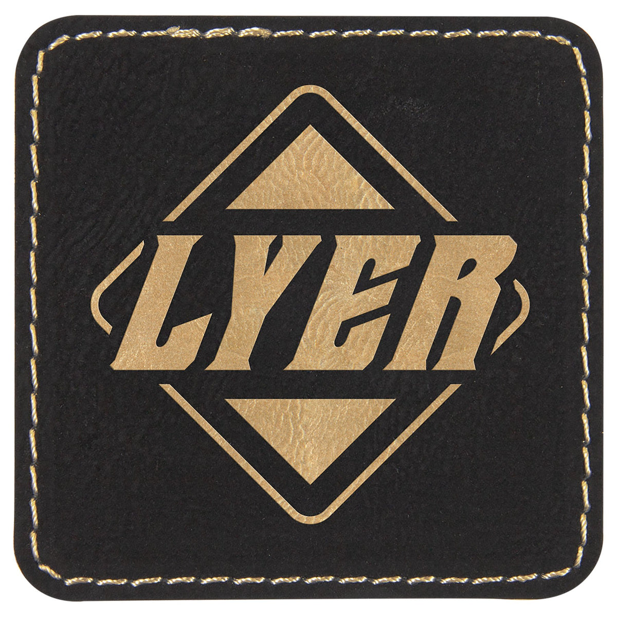 Engraved Square Leatherette Patch with Adhesive - Black/Gold / 2 1/2 x 2 1/2 in
