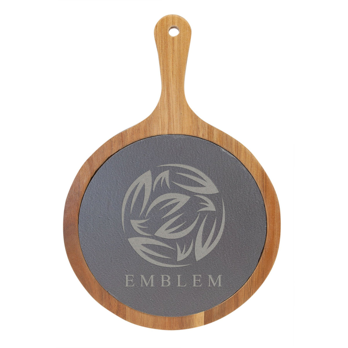 Engraved Round Acacia Wood and Slate Serving Board with Handle - 8 1/4 x 12 1/4 in