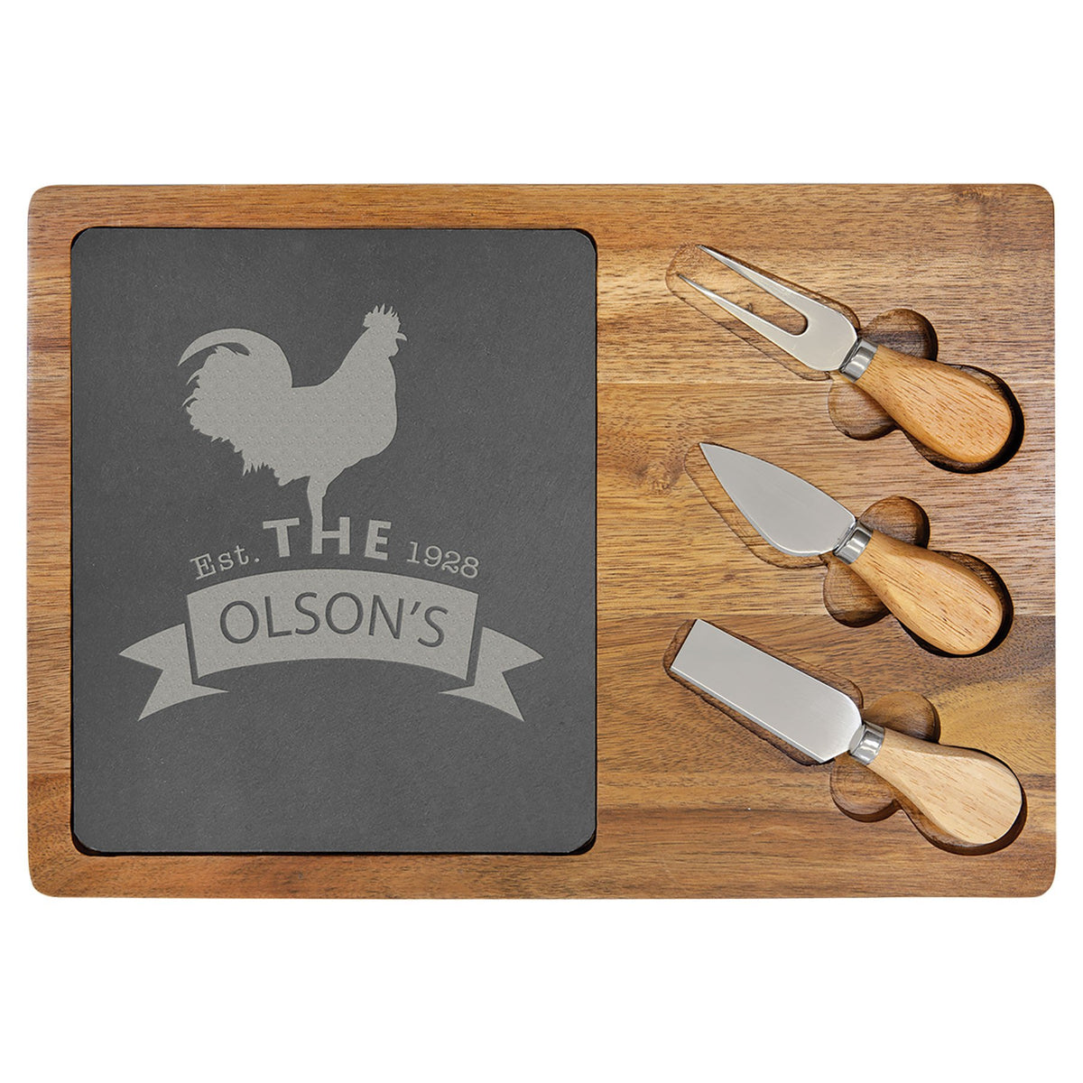 Engraved Acacia Wood and Slate Rectangle Cheese Set with Three Tools