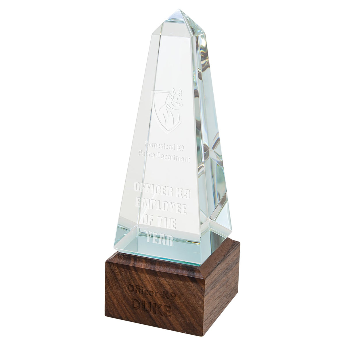 Engraved Obelisk Sierra Glass with Walnut Base - 9 in