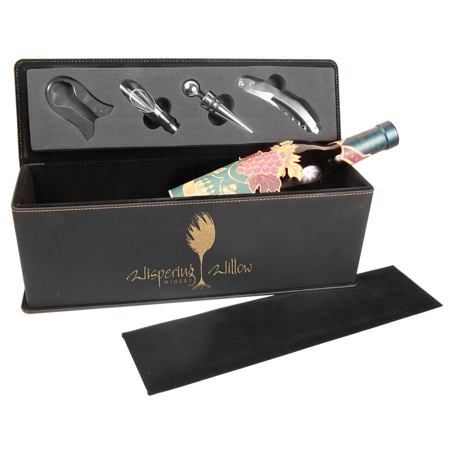 Engraved Leatherette Single Wine Box with Tools - Black/Gold