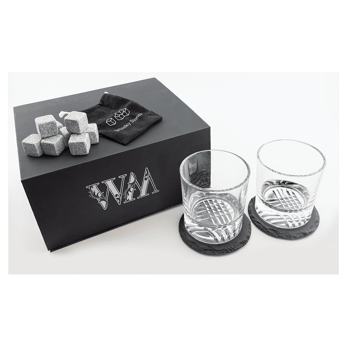 Engraved Lazerburst Whiskey Set with Two 9 oz Glasses, Slate Coasters and Whiskey Stones