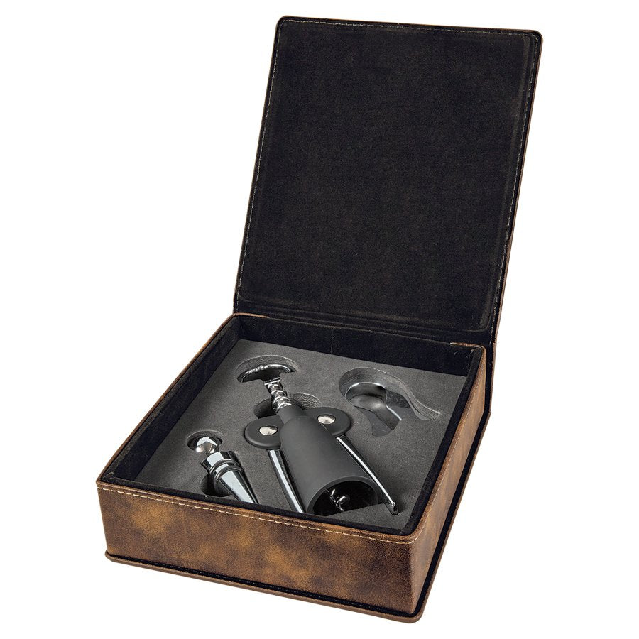 Engraved Leatherette 3-Piece Wine Tool Gift Set - Rustic/Gold