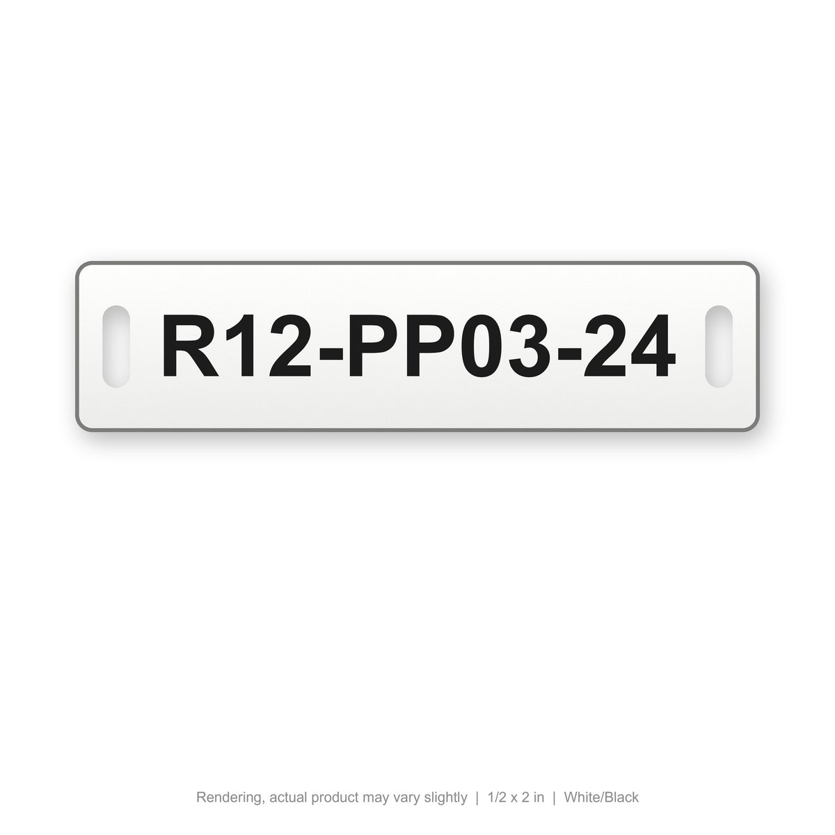 Engraved Cable Tag with Tie Slots (Phenolic-Style), 1/2 x 2 in, White/Black (rendering)