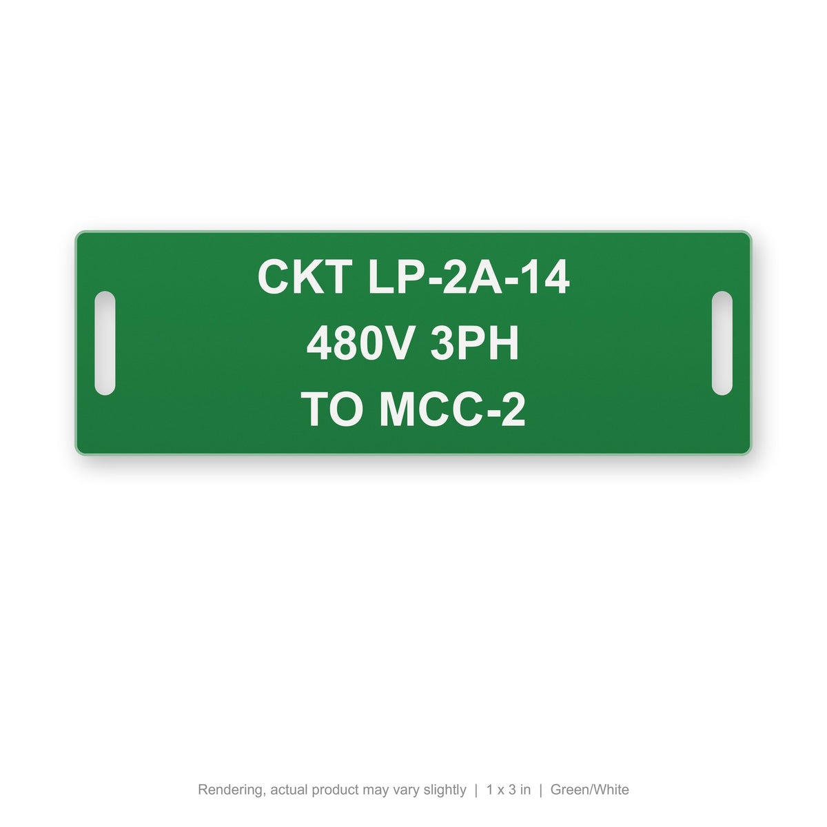 Engraved Cable Tag with Tie Slots (Phenolic-Style), 1 x 3 in, Green/White (rendering)