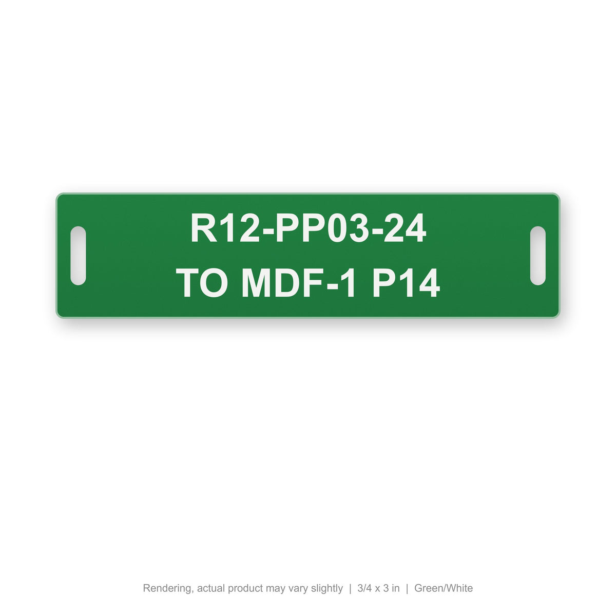 Engraved Cable Tag with Tie Slots (Phenolic-Style), 3/4 x 3 in, Green/White (rendering)