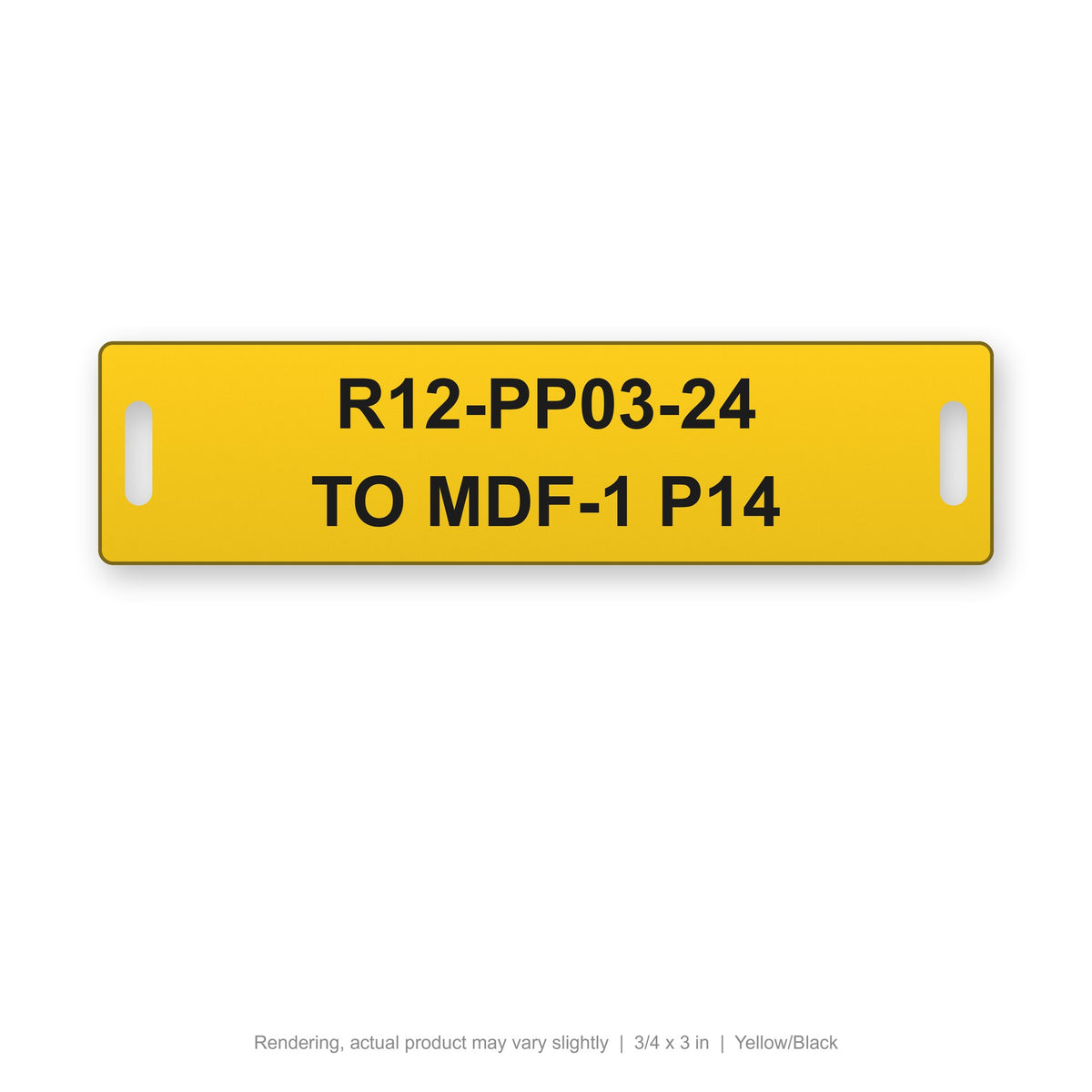 Engraved Cable Tag with Tie Slots (Phenolic-Style), 3/4 x 3 in, Yellow/Black (rendering)
