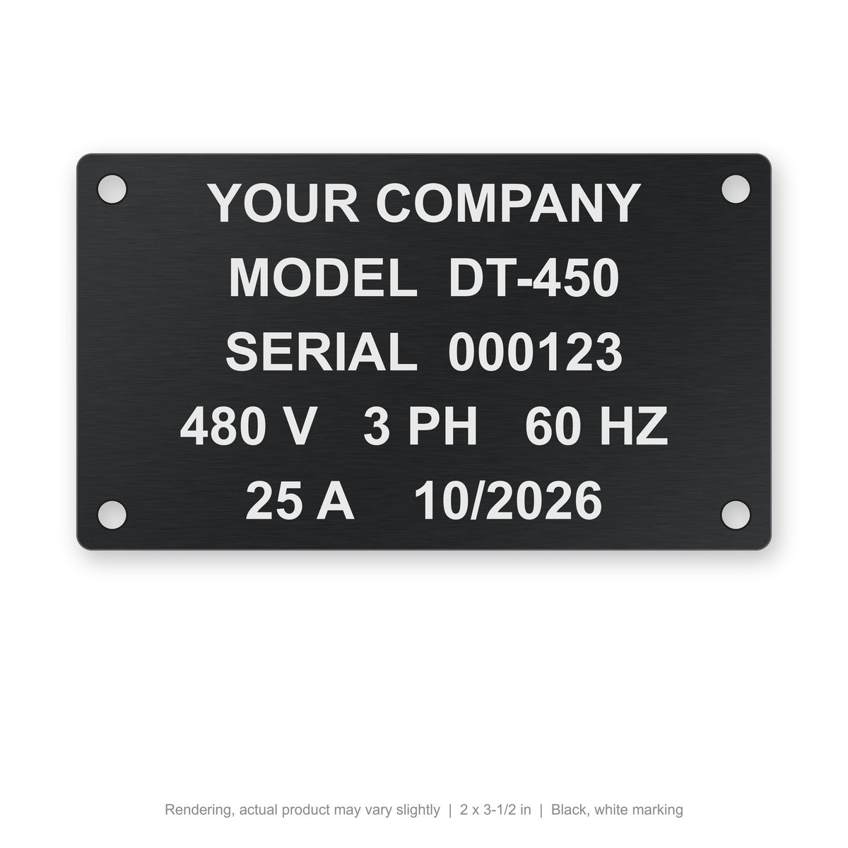 Anodized Aluminum Data Plate, 2 x 3-1/2 in, Black, white marking (rendering)