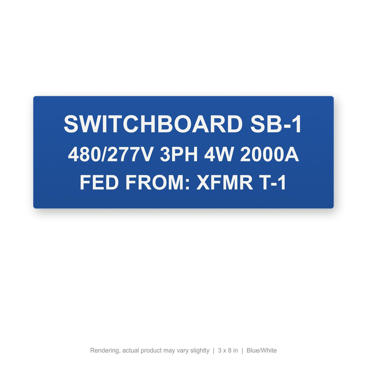 Engraved Switchgear ID Plate, 3 x 8 in, Blue/White (rendering)