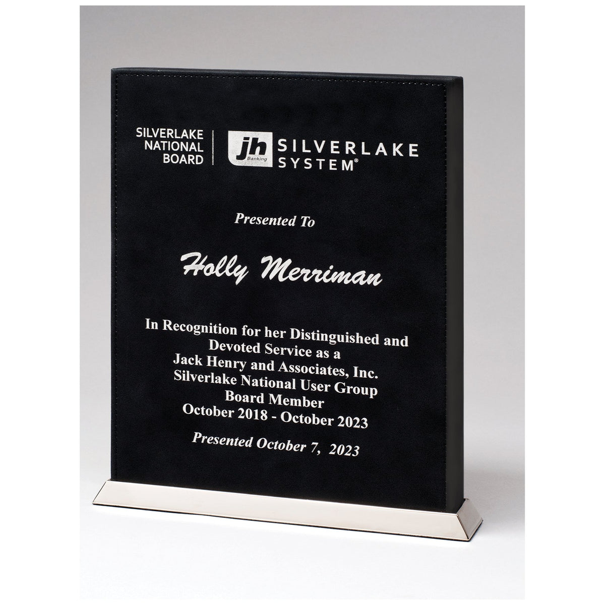 Engraved Black/Silver Leatherette Desktop Plaque with Chrome Plated Base