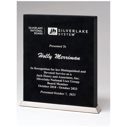 Engraved Black/Silver Leatherette Desktop Plaque with Chrome Plated Base