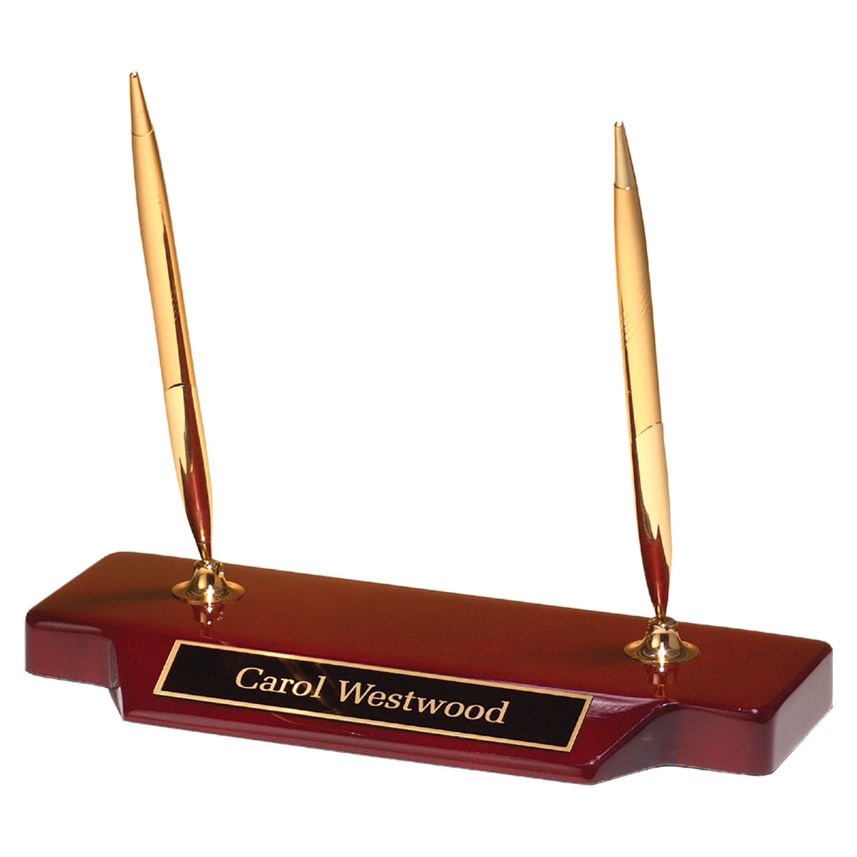 Engraved Double Gold-Tone Pen Set on Rosewood Piano Finish Base with Black Brass Plate