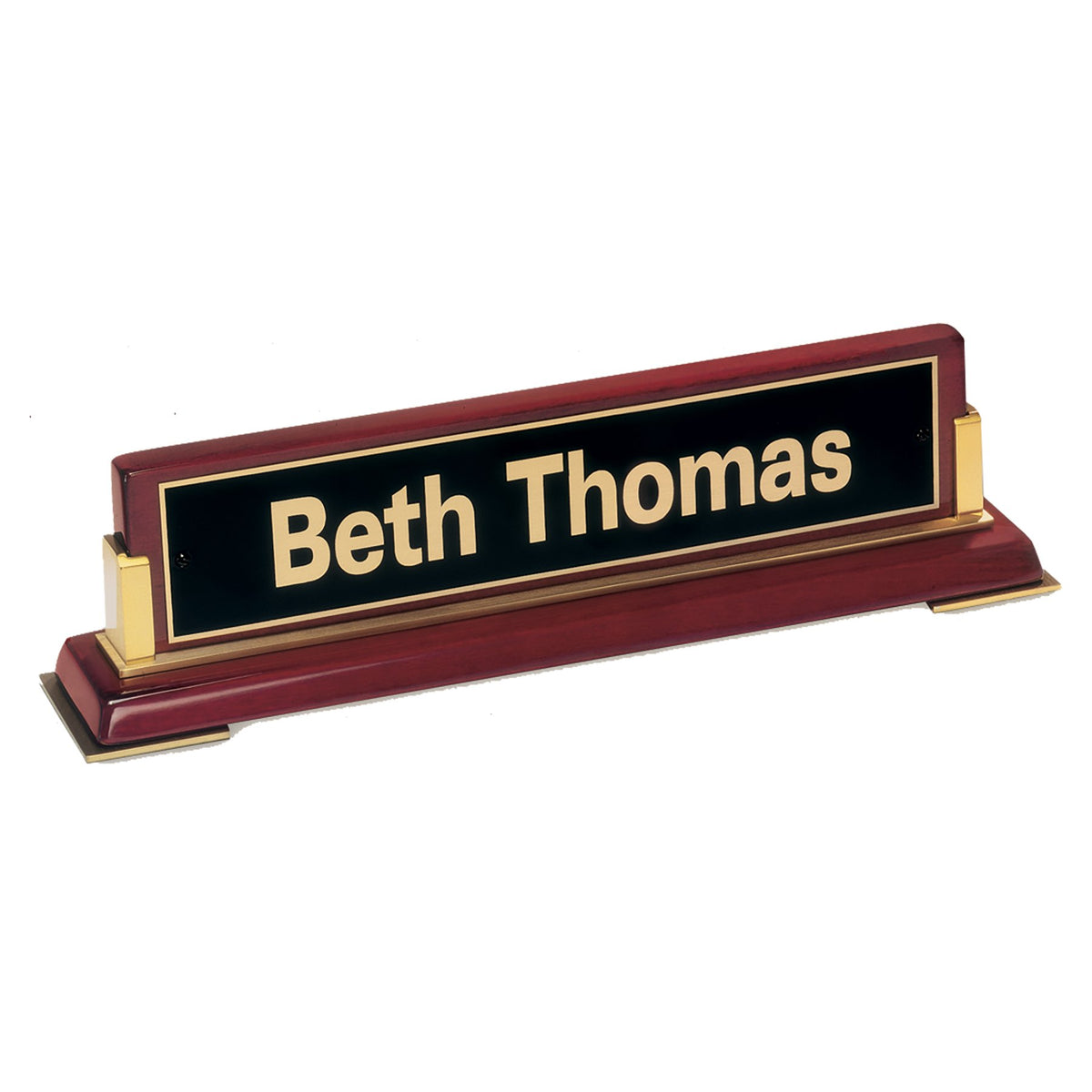 Engraved Rosewood Piano Finish Nameplate with Gold Metal Accents and Black Plate