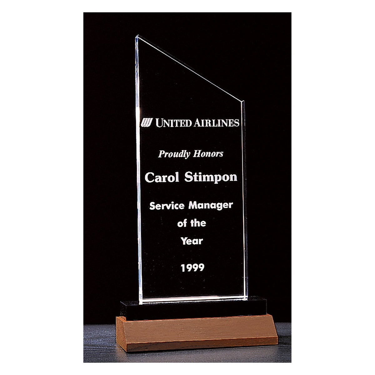 Engraved Zenith Series Acrylic with Black Acrylic Base and Walnut Base - Clear / 4 1/2 x 9 1/4 in
