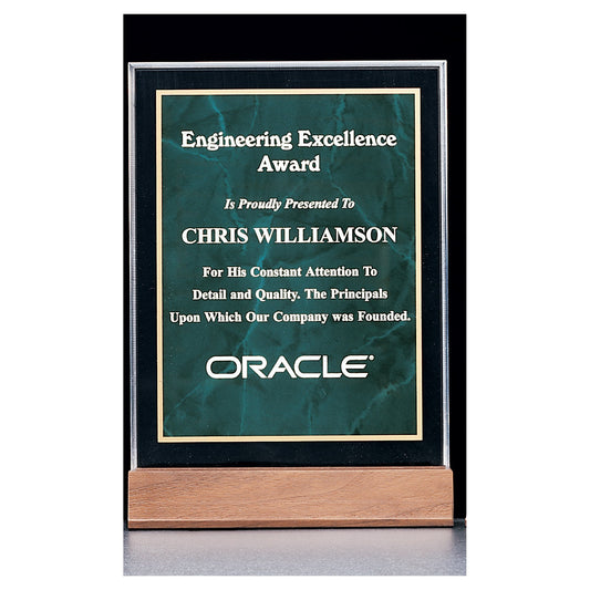 Engraved Marble Acrylic Award with American Walnut Base - Emerald / 5 x 7 5/8 in
