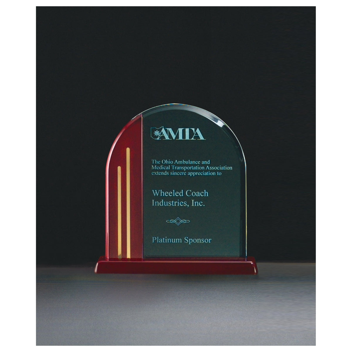 Engraved Arch Series Jade Acrylic with Rosewood Piano Finish Base and Gold Metal Accents