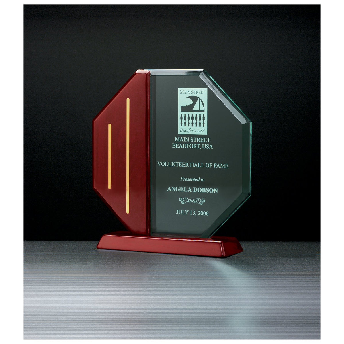 Engraved Octagon Series Acrylic with Rosewood Piano Finish Base, Post and Gold Metal Accents - 8 1/8 x 8 5/8 in