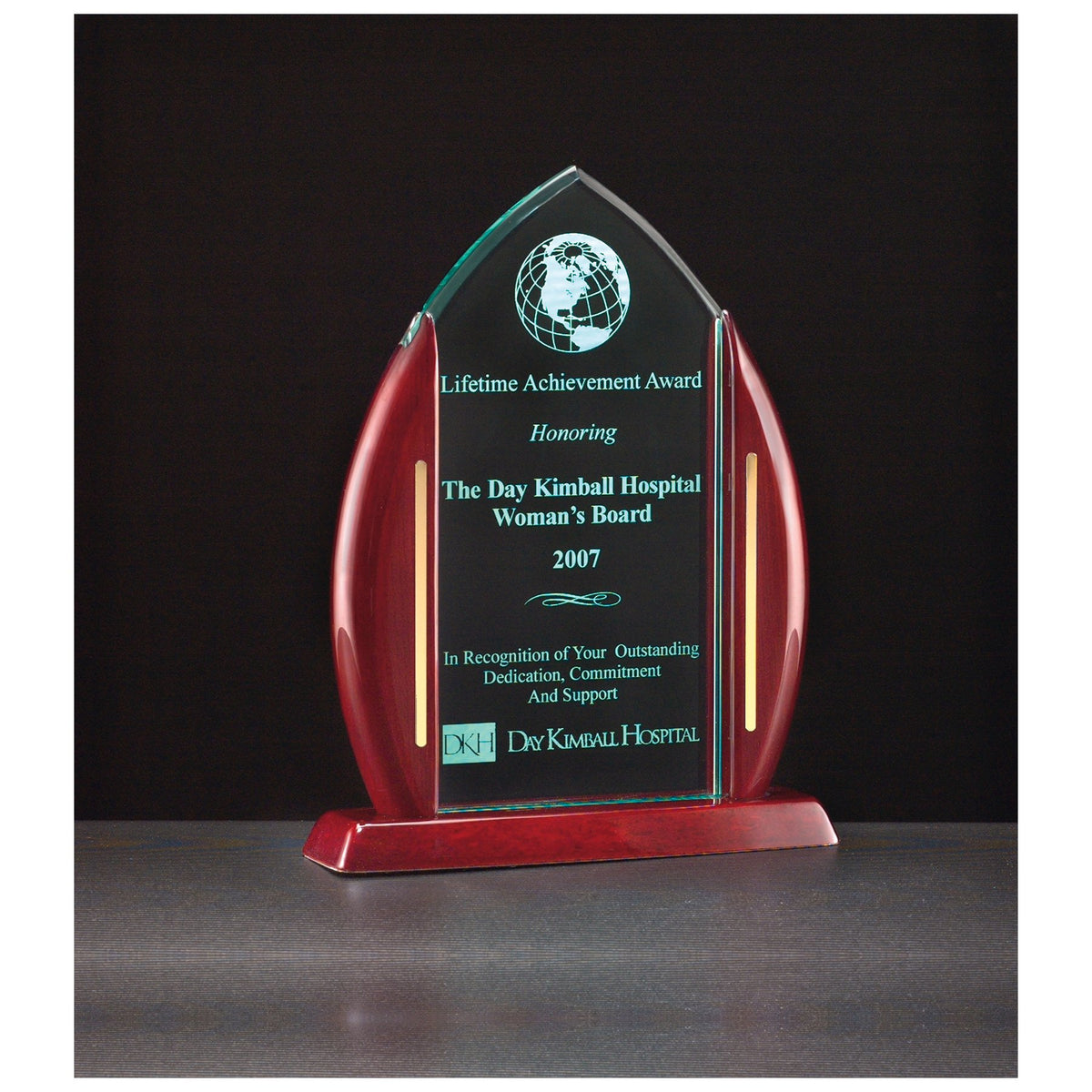 Engraved Flame Jade Acrylic with Rosewood Piano Finish Base, Posts and Gold Metal Accents