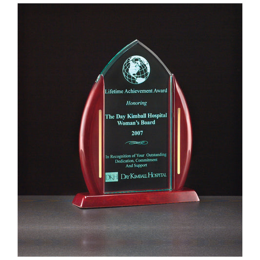 Engraved Flame Jade Acrylic with Rosewood Piano Finish Base, Posts and Gold Metal Accents