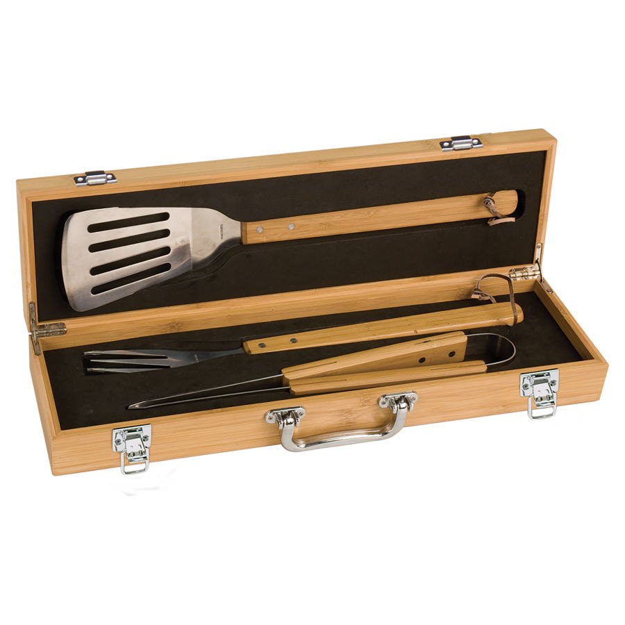 Engraved 3-Piece Bamboo BBQ Set in Bamboo Case