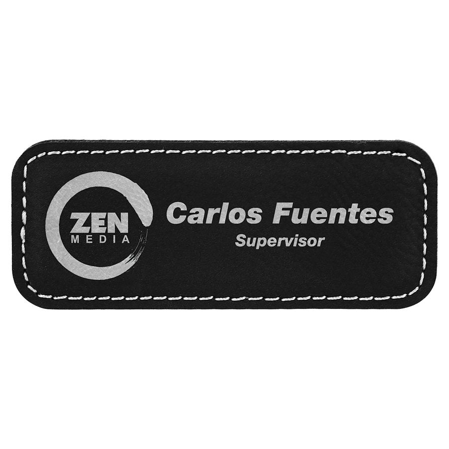Engraved Leatherette Badge with Magnet - Black/Silver / 3 1/4 x 1 1/4 in