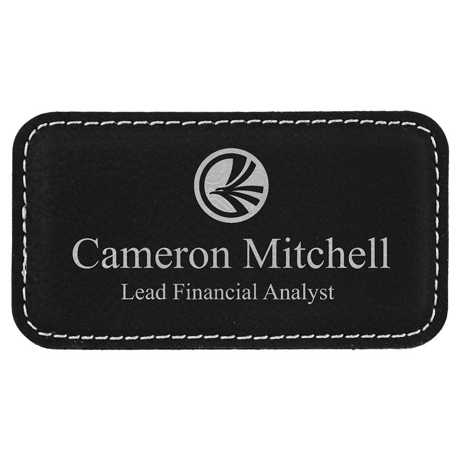 Engraved Leatherette Badge with Magnet - Black/Silver / 3 1/4 x 1 3/4 in