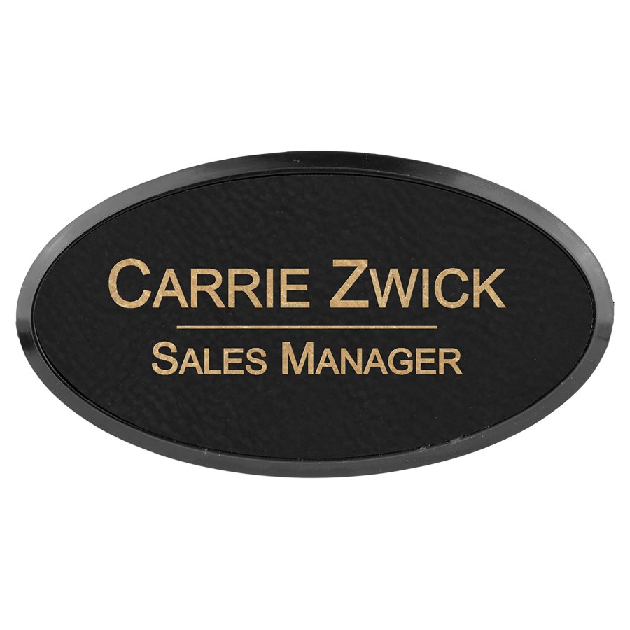 Engraved Leatherette Oval Badge and Frame - Black/Gold