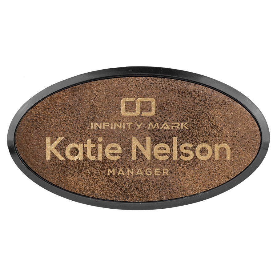 Engraved Leatherette Oval Badge and Frame - Rustic/Gold