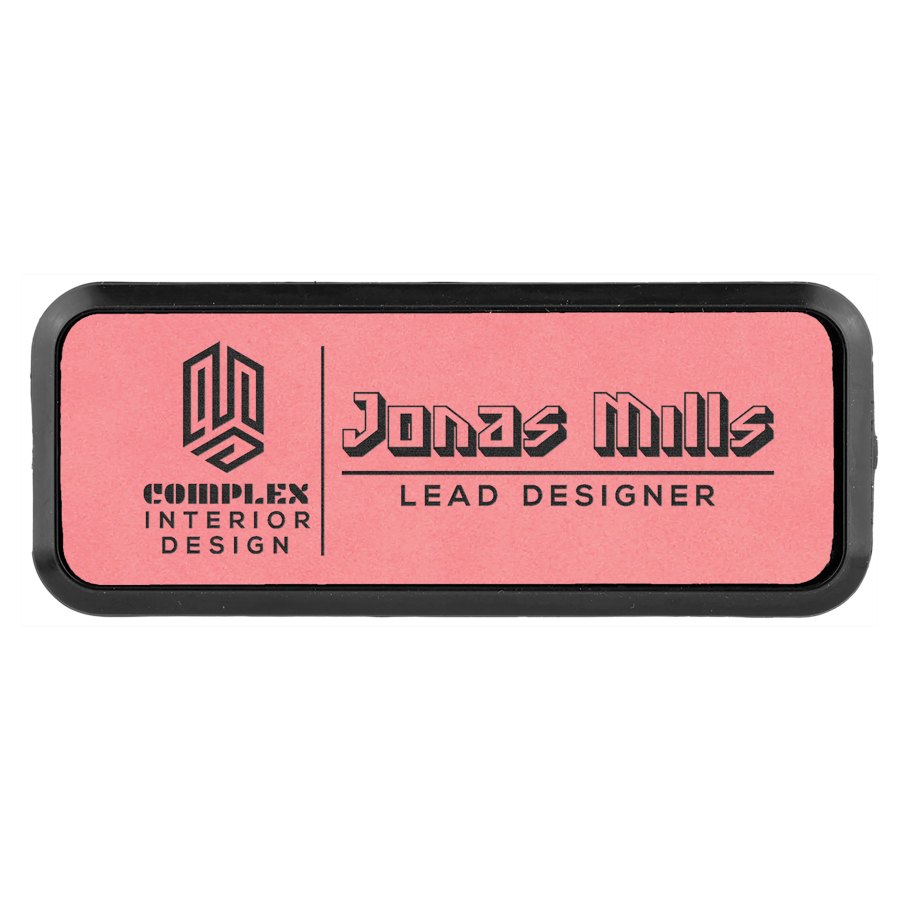 Engraved Leatherette Round Corner Badge and Frame - Pink / 3 x 1 in