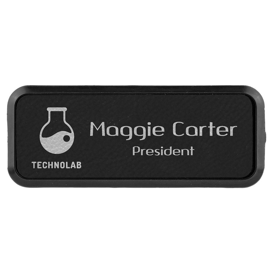Engraved Leatherette Round Corner Badge and Frame - Black/Silver / 3 x 1 in
