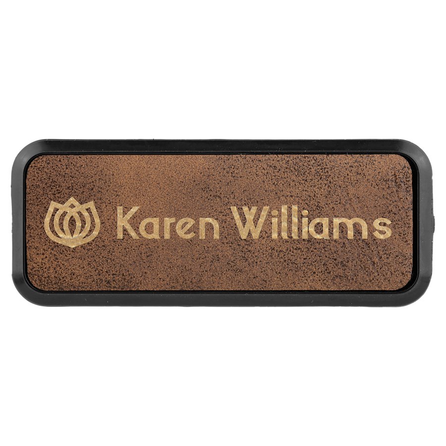 Engraved Leatherette Round Corner Badge and Frame - Rustic/Gold / 3 x 1 in