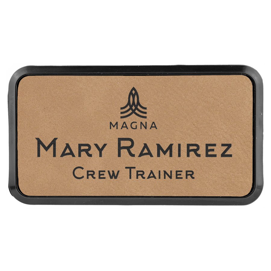 Engraved Leatherette Round Corner Badge and Frame - Light Brown / 3 x 1 1/2 in