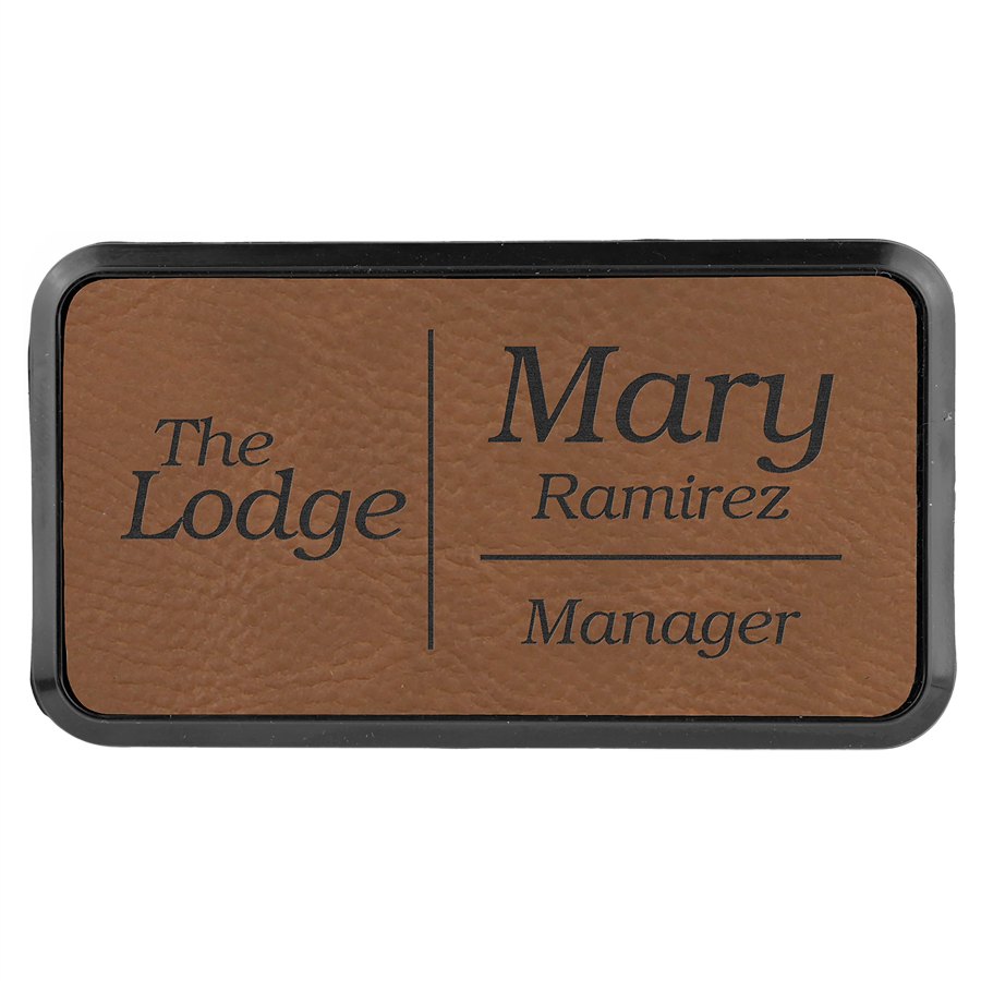 Engraved Leatherette Round Corner Badge and Frame - Dark Brown / 3 x 1 1/2 in