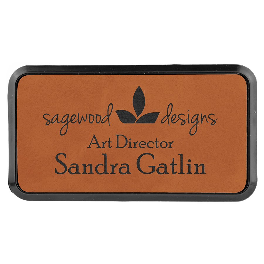 Engraved Leatherette Round Corner Badge and Frame - Rawhide / 3 x 1 1/2 in