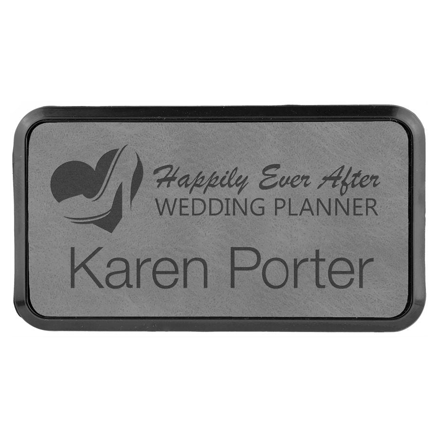 Engraved Leatherette Round Corner Badge and Frame - Gray / 3 x 1 1/2 in
