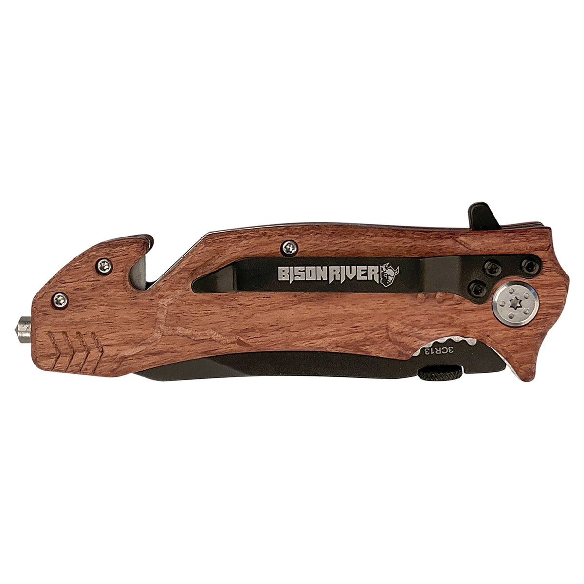 Engraved Bison River Wood Rescue Knife